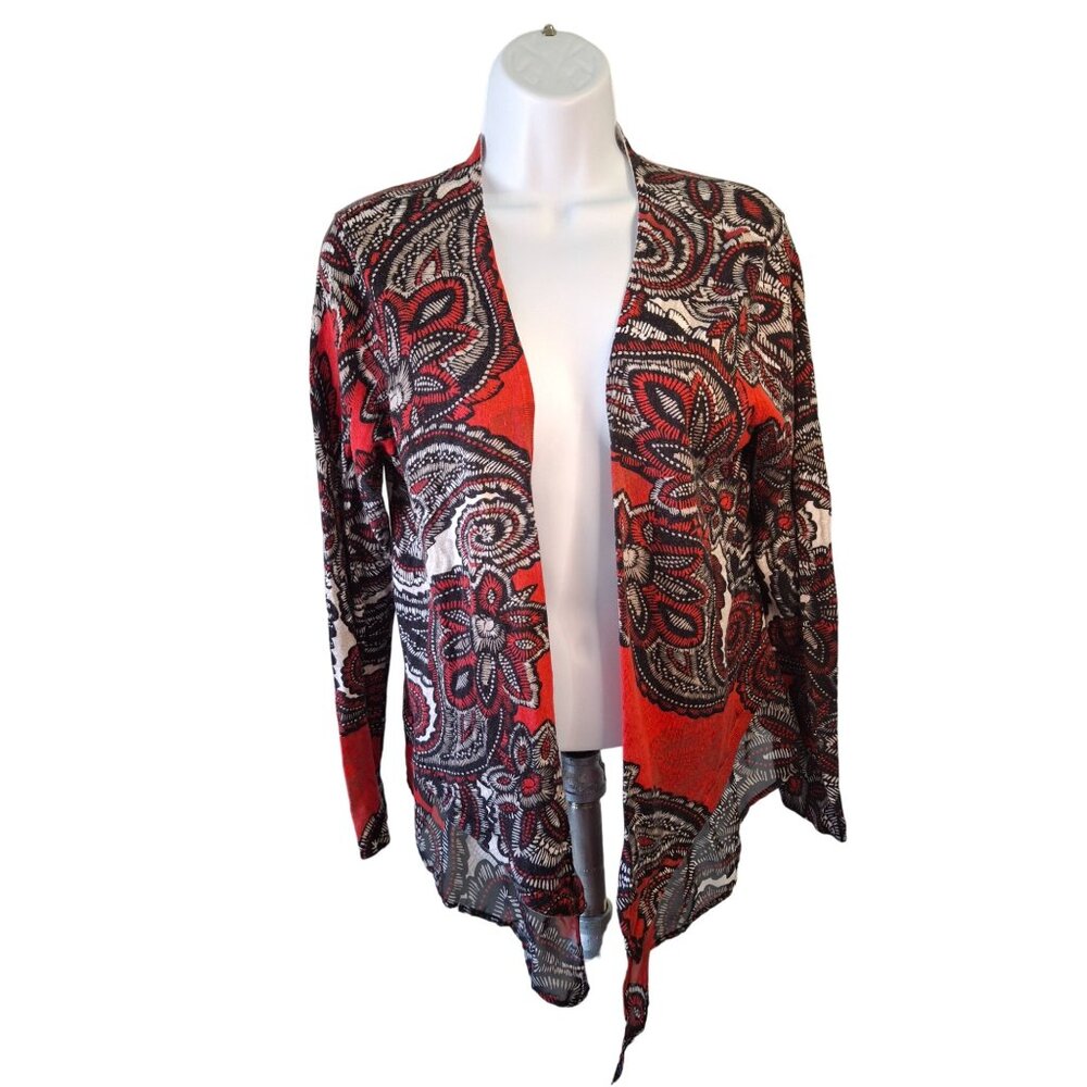 Chicos  Open Front Cardigan Size 1 Medium Red Black Floral Paisley Boho Chic